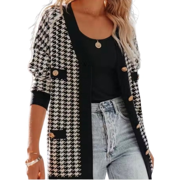 Vici Sweaters - TCEC Houndstooth Button Front Oversized Knit Cardigan